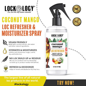 Lockology Coconut Mango Loc Spray being applied to damp locs for hydration