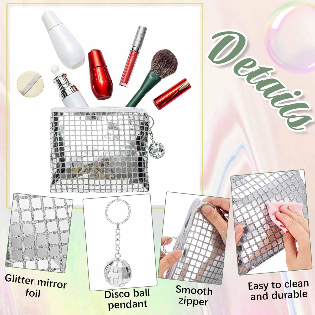 Locmeo sequined cosmetic bag adds retro glamour to travel essentials.