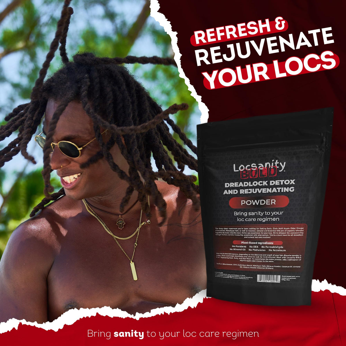 Locsanity BOLD Locs powder applied to dreadlocks in routine care.