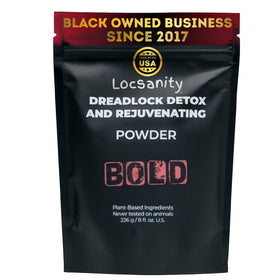 Locsanity BOLD Locs powder packaging highlights vegan, sulfate-free formula for healthy-feeling dreadlocks.