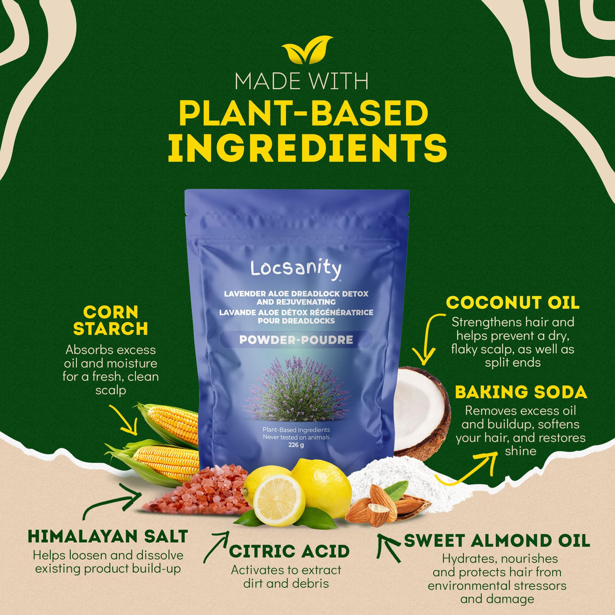 Locsanity detox ingredients bowl showcasing plant-based formula