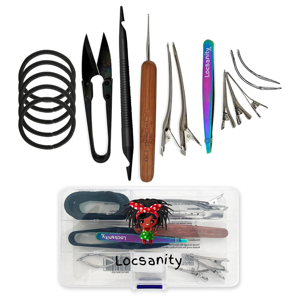 Locsanity dual-ended crochet tool held for microlocks precision retightening