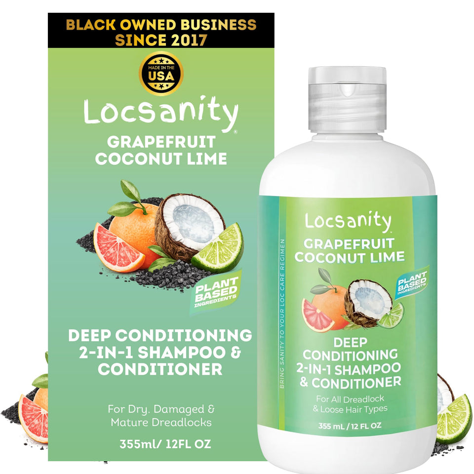 Locsanity Grapefruit Coconut Lime 2-in-1 bottle front, convenient loc care in one step.
