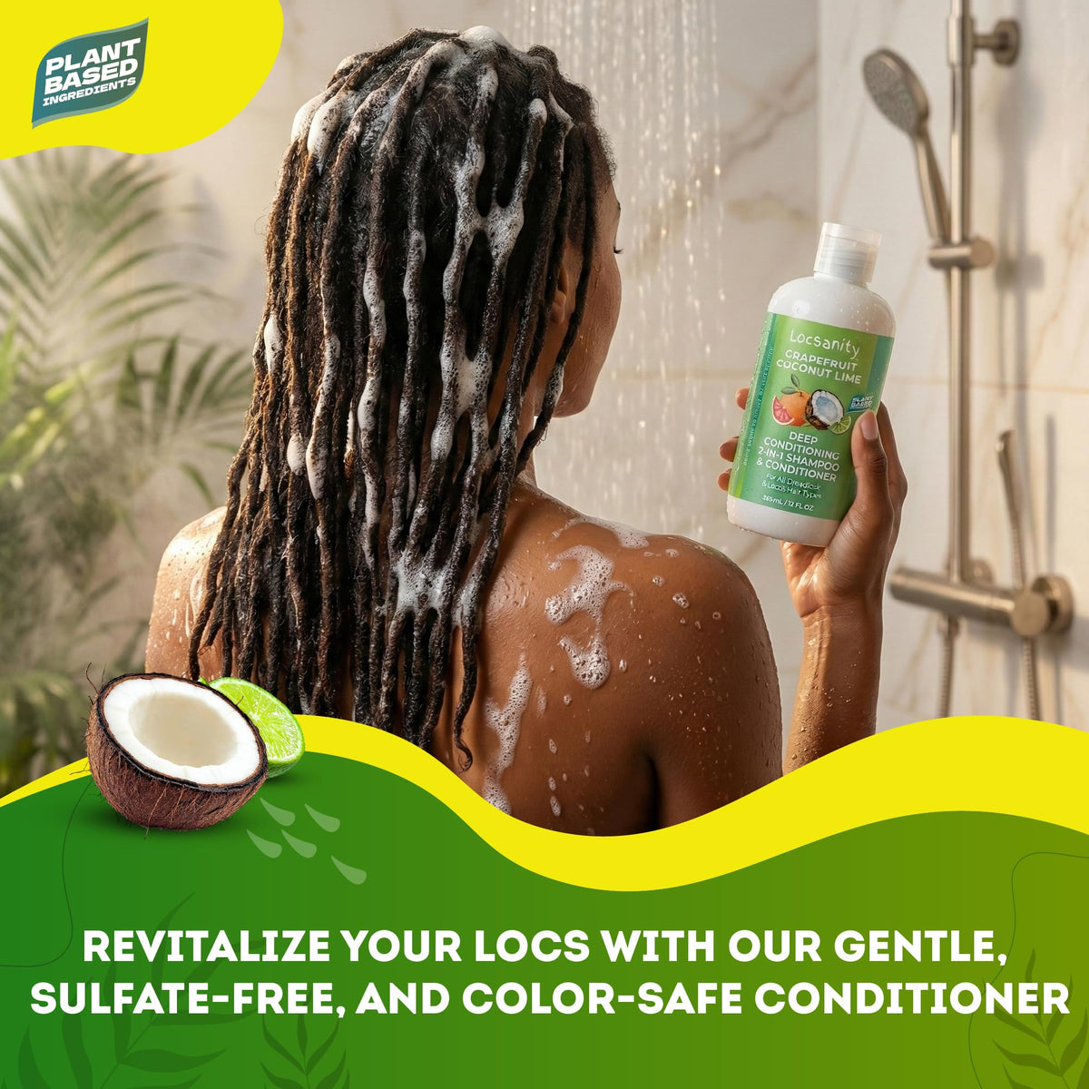 Locsanity Grapefruit Coconut Lime bottle back, label highlights sulfate-free, residue-free formula.