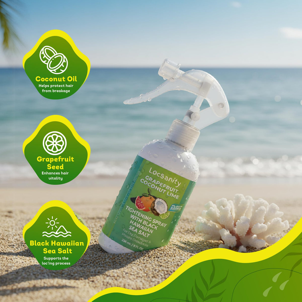 Locsanity Grapefruit Coconut Lime spray mist on locs adds moisture and definition.