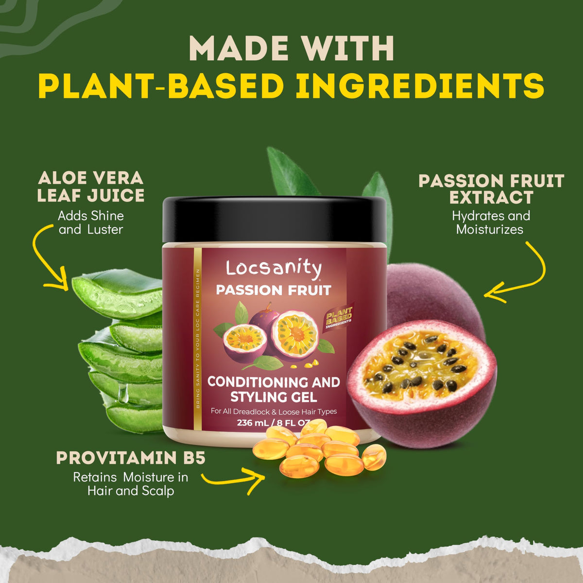 Locsanity Passion Fruit Gel fragrance detail enhances fruity scent throughout day.