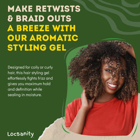 Locsanity Passion Fruit Gel on twists, setting style with moisture and shine.