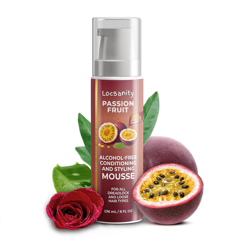 Locsanity Passion Fruit Mousse bottle pouring, delivering hydration and hold for locs.