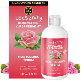 Locsanity Rosewater Peppermint Serum bottle close-up highlighting hydrating formula for locs.