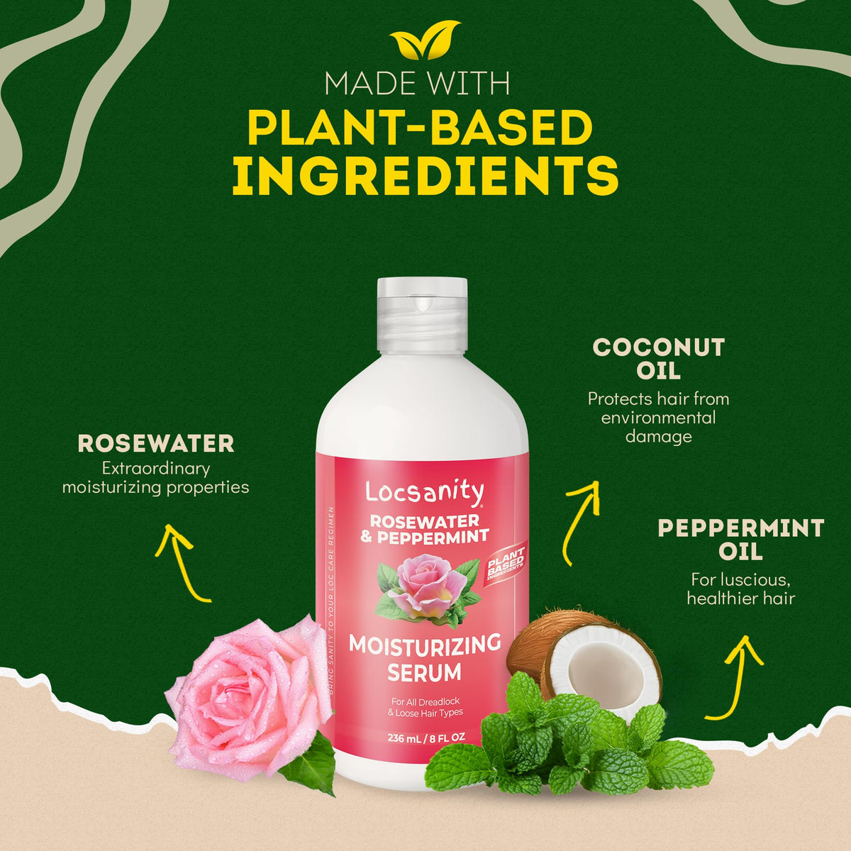 Locsanity Rosewater Peppermint Serum dropper applying to scalp for targeted moisture.