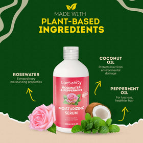 Locsanity Rosewater Peppermint Serum dropper applying to scalp for targeted moisture.