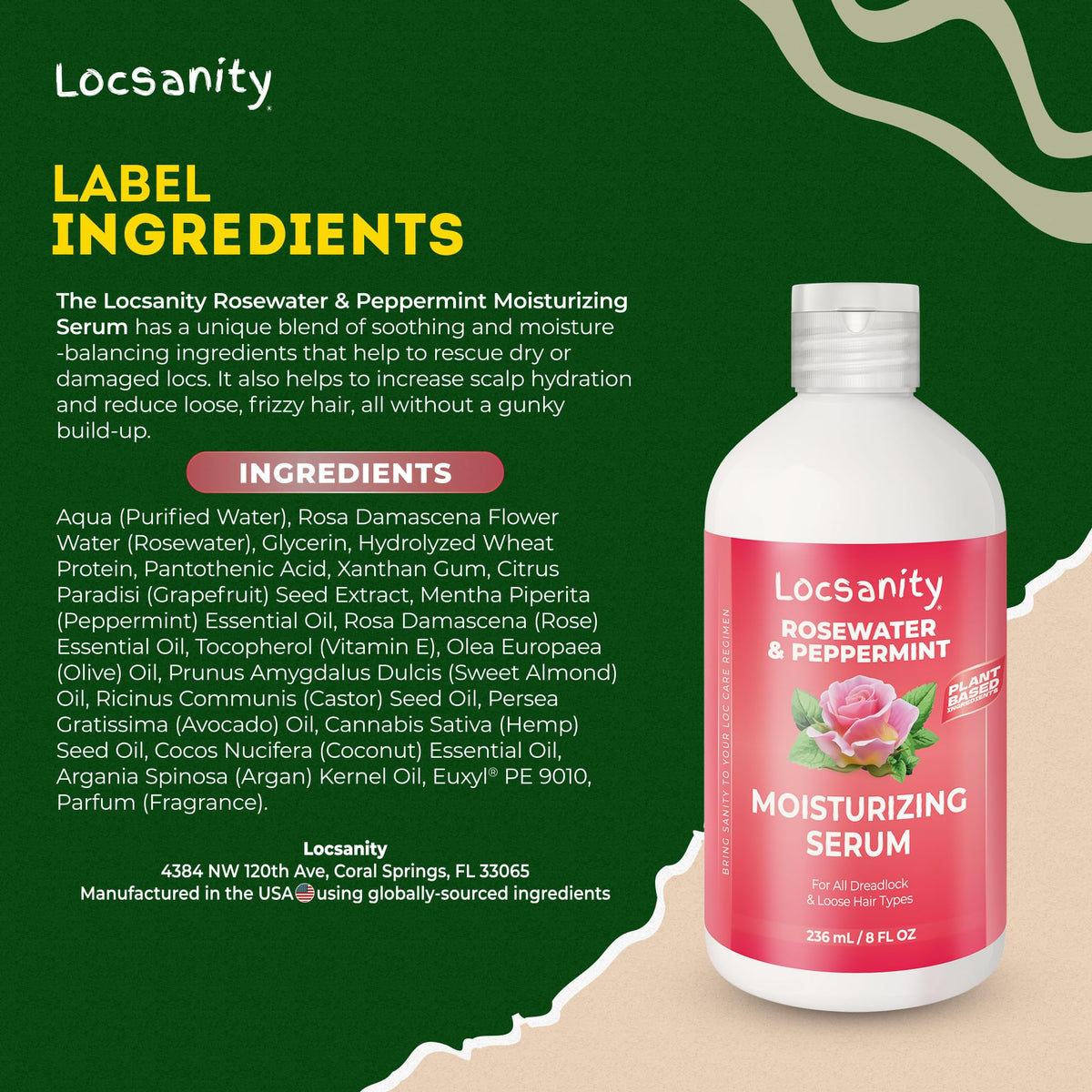 Locsanity Rosewater Peppermint Serum packaging emphasizing plant-based care.