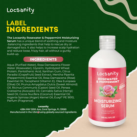 Locsanity Rosewater Peppermint Serum packaging emphasizing plant-based care.