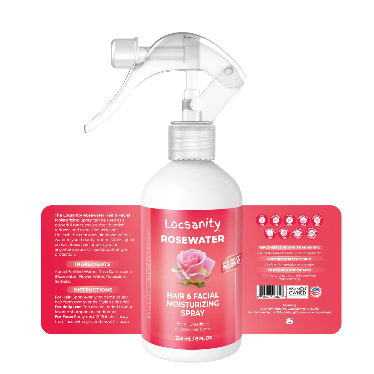 Locsanity Rosewater spray in hand for easy application