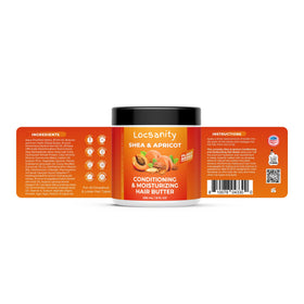 Ingredients board highlights shea, apricot, and hydrolyzed wheat protein.