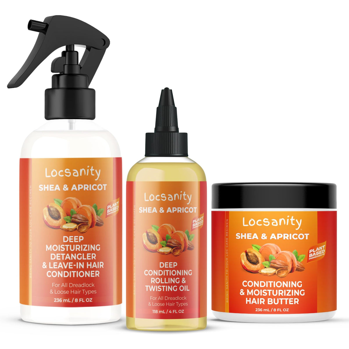 Locsanity Shea & Apricot Butter packaging highlighting rich moisture for all hair types.