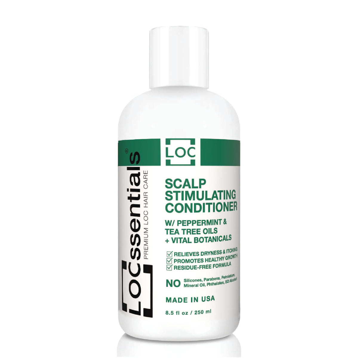 LOCssentials scalp-stimulating conditioner bottle delivering lightweight hydration for locs.