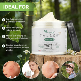 LOCYLEAF Beef Tallow Balm ingredients panel highlights grass-fed tallow and raw honey.