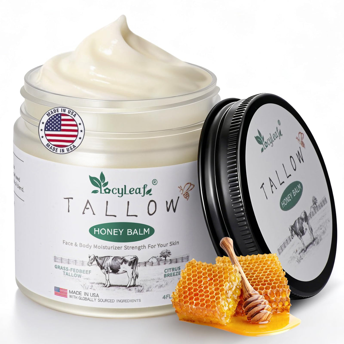 LOCYLEAF Beef Tallow Balm packaging highlights natural ingredients for healthy skin.