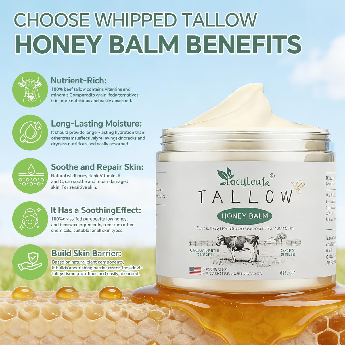 LOCYLEAF Beef Tallow Balm texture demonstrates rich moisture for daily care.