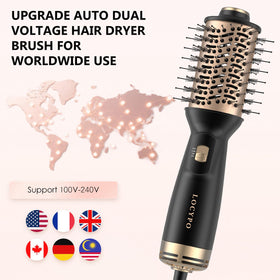 LOCYPO Travel Blow Dryer Brush auto-adjusts for worldwide use with adapters included
