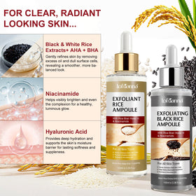 Lofuanna black and white rice exfoliation serum on skin shows pore cleansing action.