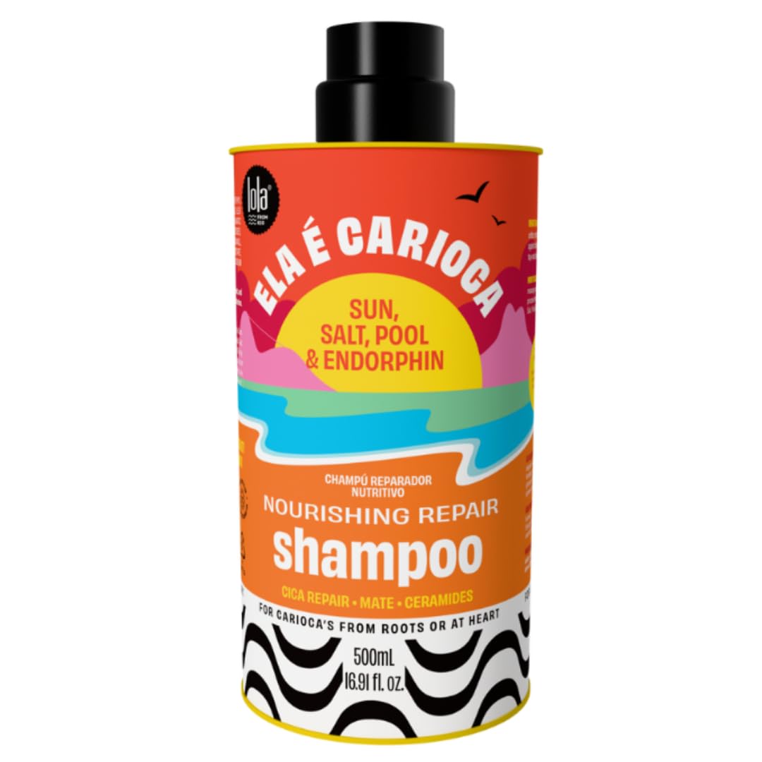 Lola From Rio Ela E Carioca shampoo bottle showcasing nourishing formula for all hair types