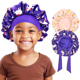 Lolalet kids silk bonnet front view with printed design for gentle sleep protection