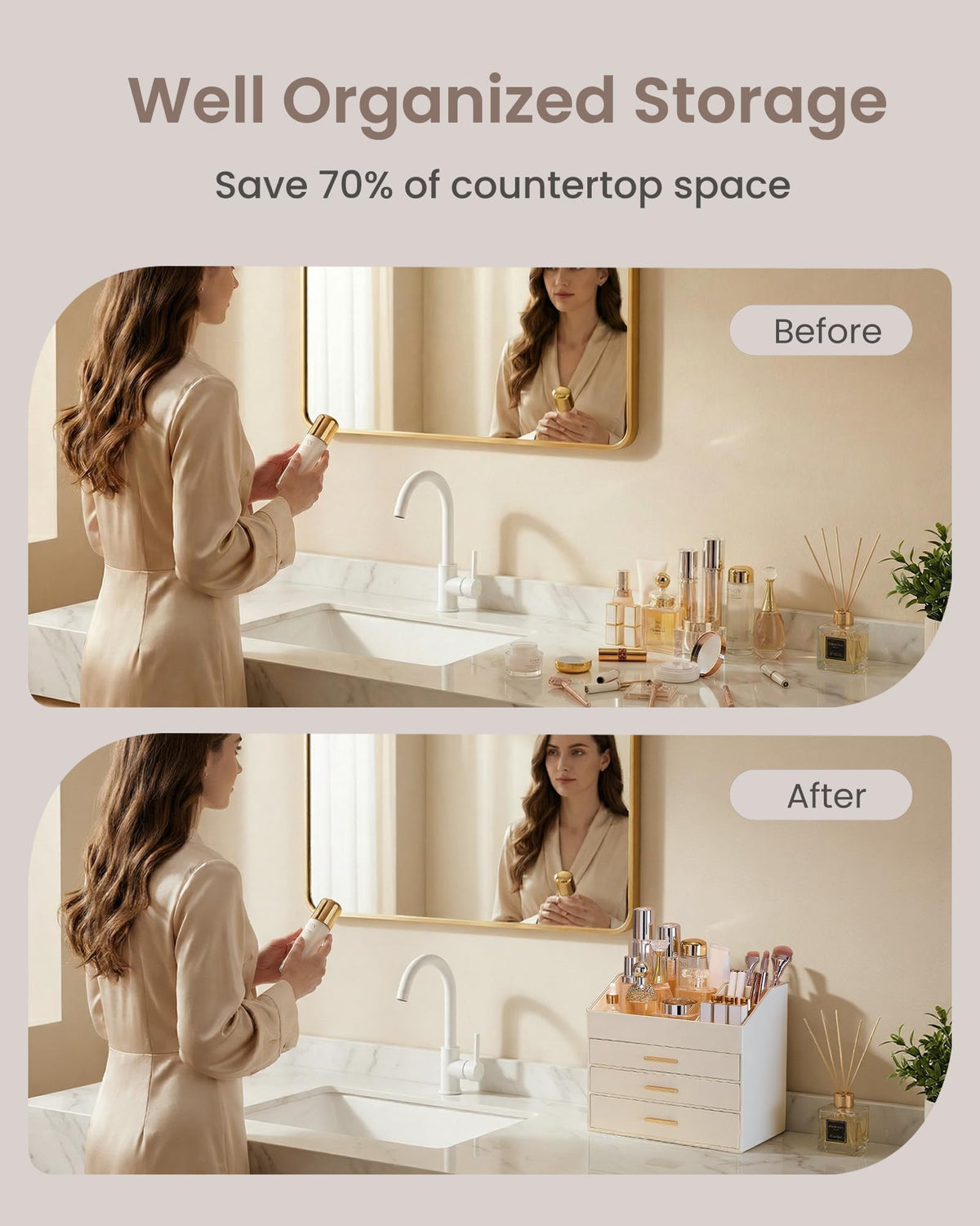 Lolalet cream color organizer enhances bathroom or vanity décor.