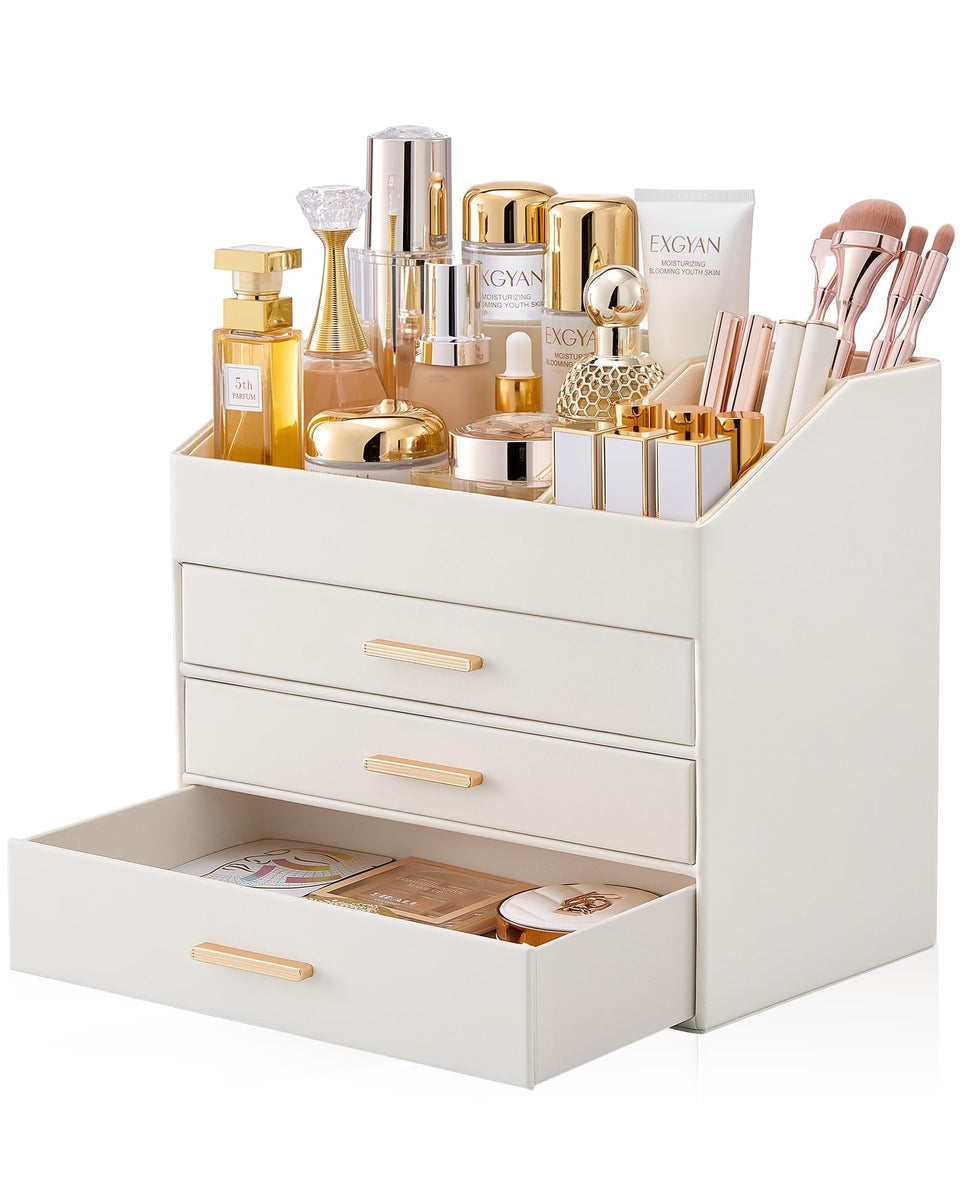 Lolalet makeup organizer on vanity with 4-layer design for easy cosmetics access.
