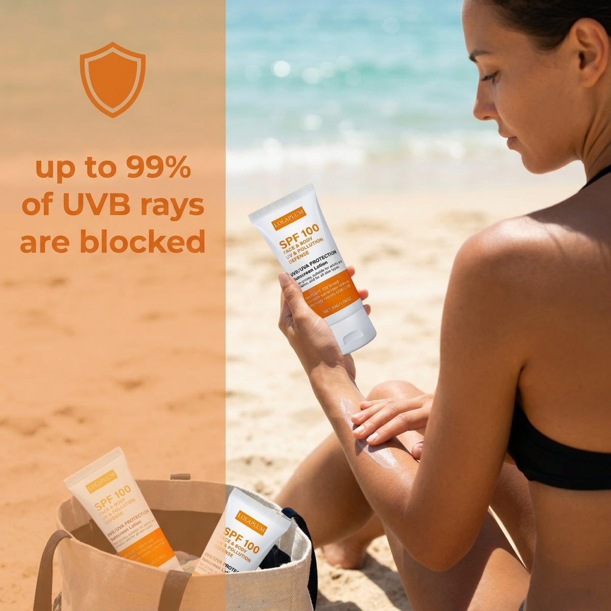 LOLAPLUM SPF100 with centella essence hydrates gently for refreshed skin during sun exposure.