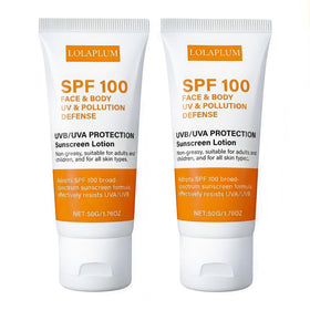 LOLAPLUM SPF100 face and body sunscreen bottle offering broad protection for outdoor activities.