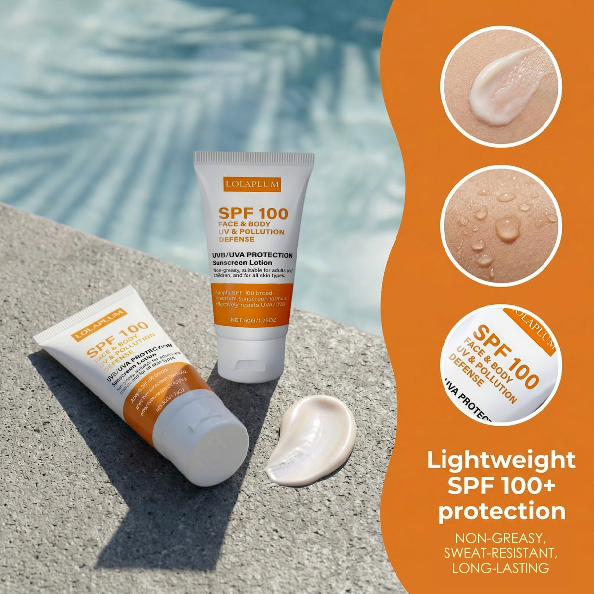 LOLAPLUM SPF100 remains active in heat and sweat, offering up to 80 minutes of water resistance.