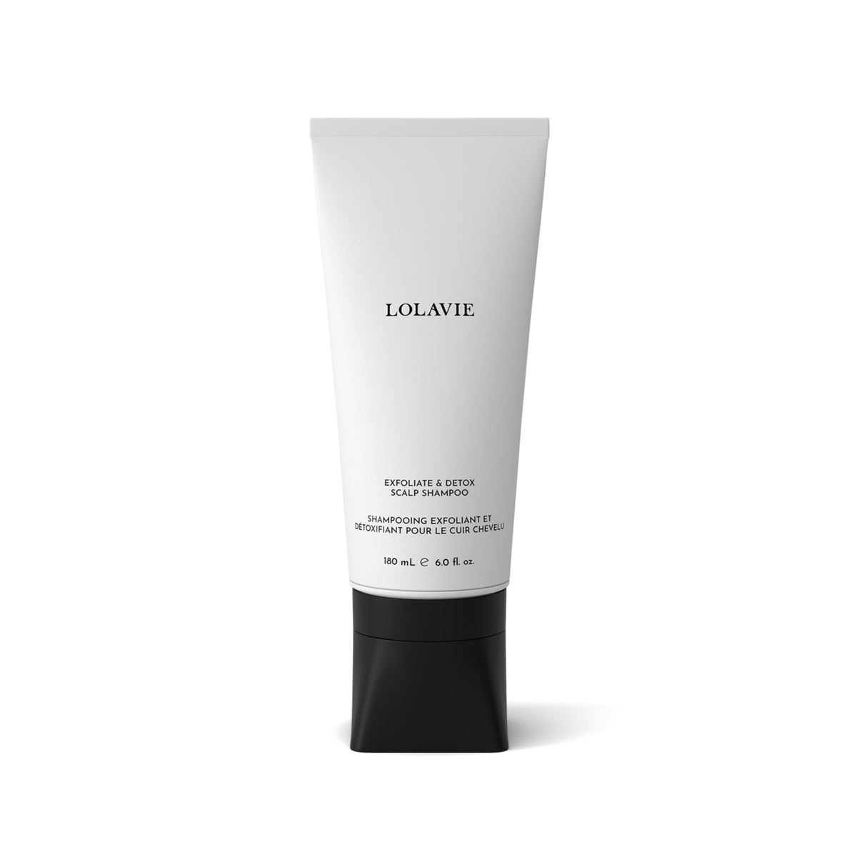 Lolavie Exfoliate & Detox Scalp Shampoo bottle highlighting 2-in-1 cleansing for a refreshed scalp.