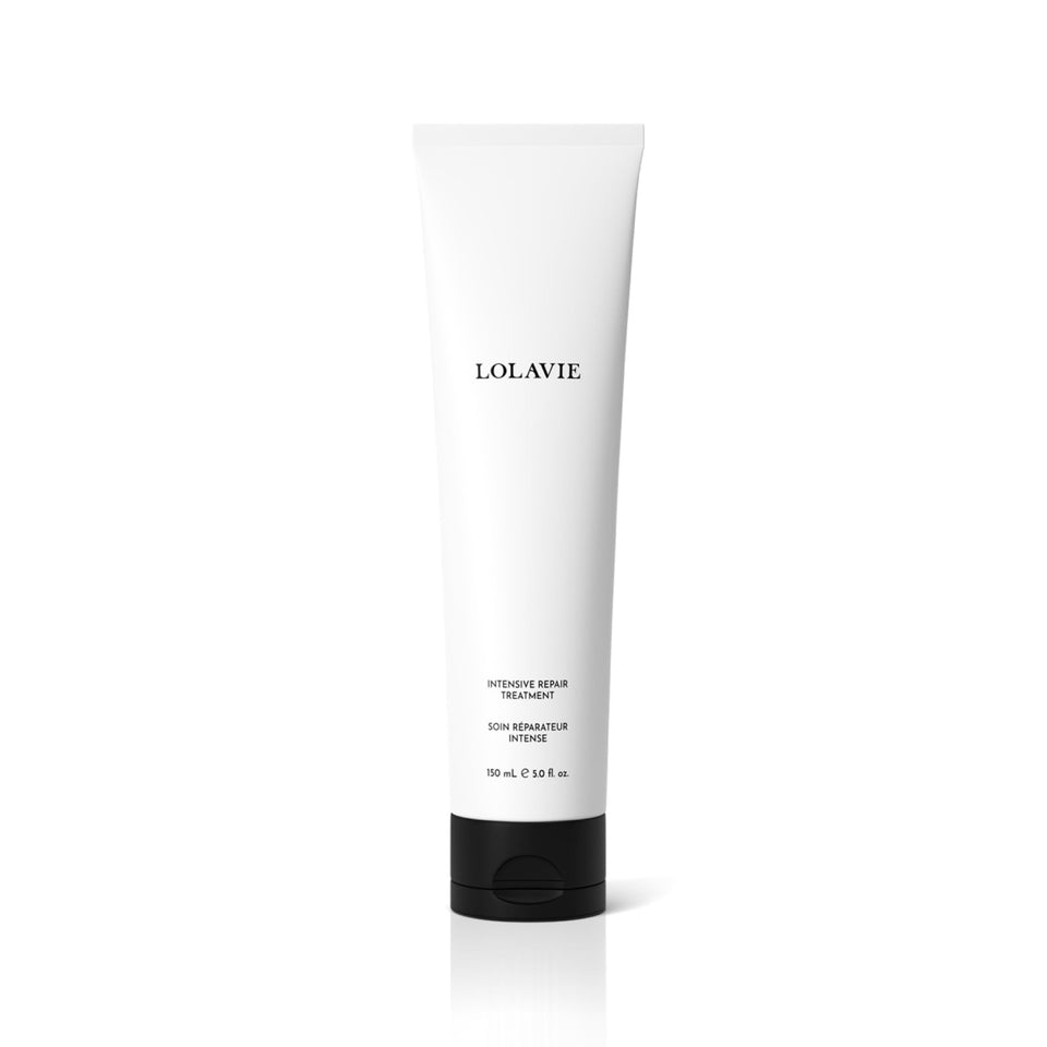 LolaVie Intensive Repair Treatment bottle front promotes color-safe repair.