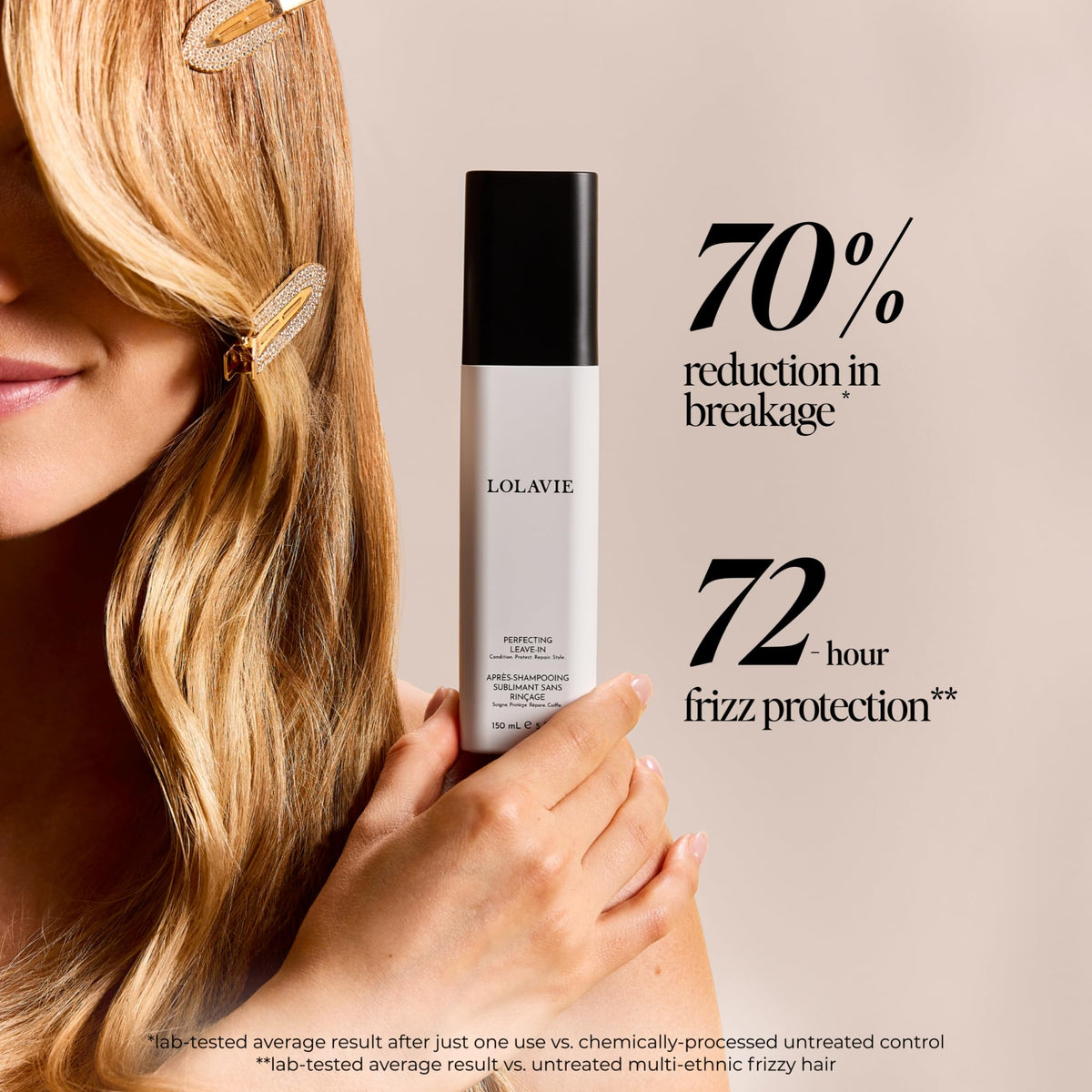 LolaVie Perfecting Leave-In bottle closeup highlights premium formula and color-safe protection