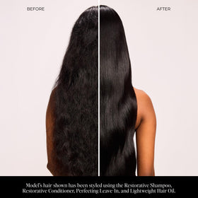 LolaVie Perfecting Leave-In damp hair application shows even distribution for smooth styling