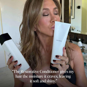 LolaVie Restorative Conditioner close-up showing smooth, frizz-free hair