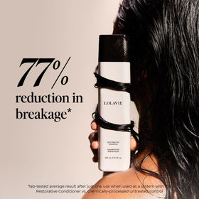 LolaVie Restorative Shampoo Longevity Complex and B-Pro3 Bond Technology visibly support hair repair.
