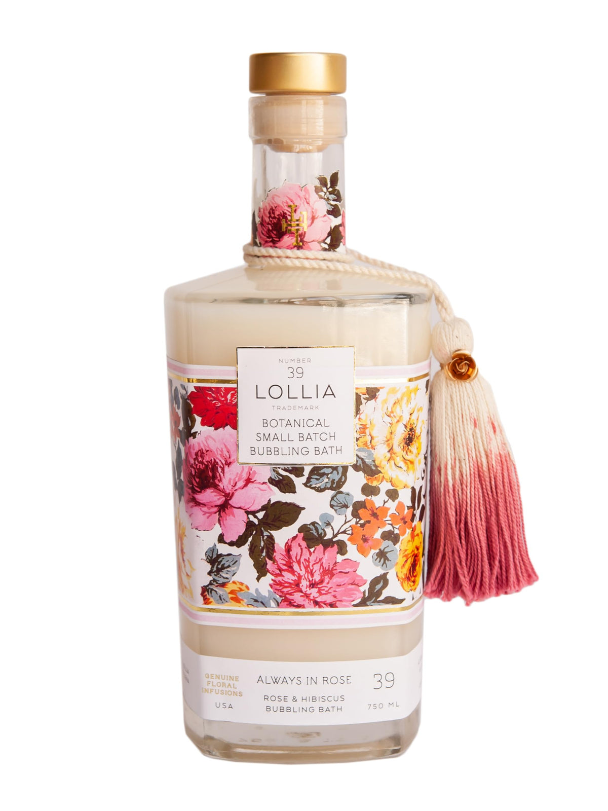 LOLLIA Always in Rose Bubble Bath bottle showcases a floral design for a luxurious home spa ritual.
