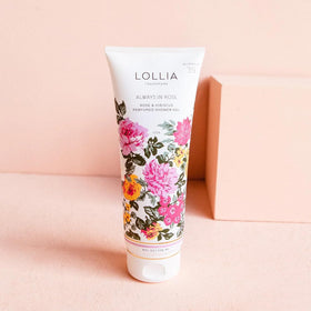 LOLLIA Always in Rose Shower Gel packaging detail—subtle gold accents enhance shower design.