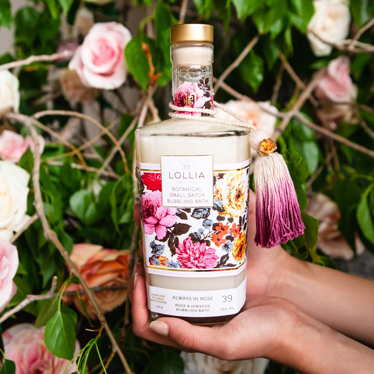 LOLLIA Always in Rose promotes a spa-like routine with pampering bubbles.
