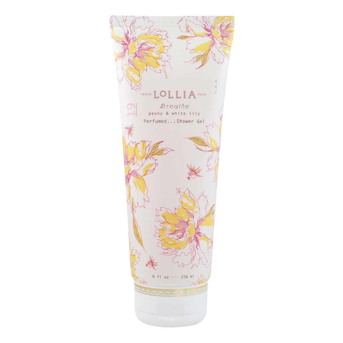 LOLLIA Breathe Shower Gel bottle with peony and white lily scent for luxurious cleansing.