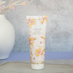 Product shot highlights the Peony and White Lily aroma of LOLLIA Breathe Shower Gel.