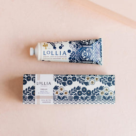 LOLLIA Dream Handcreme label detail emphasizes rich ingredients like shea and macadamia.