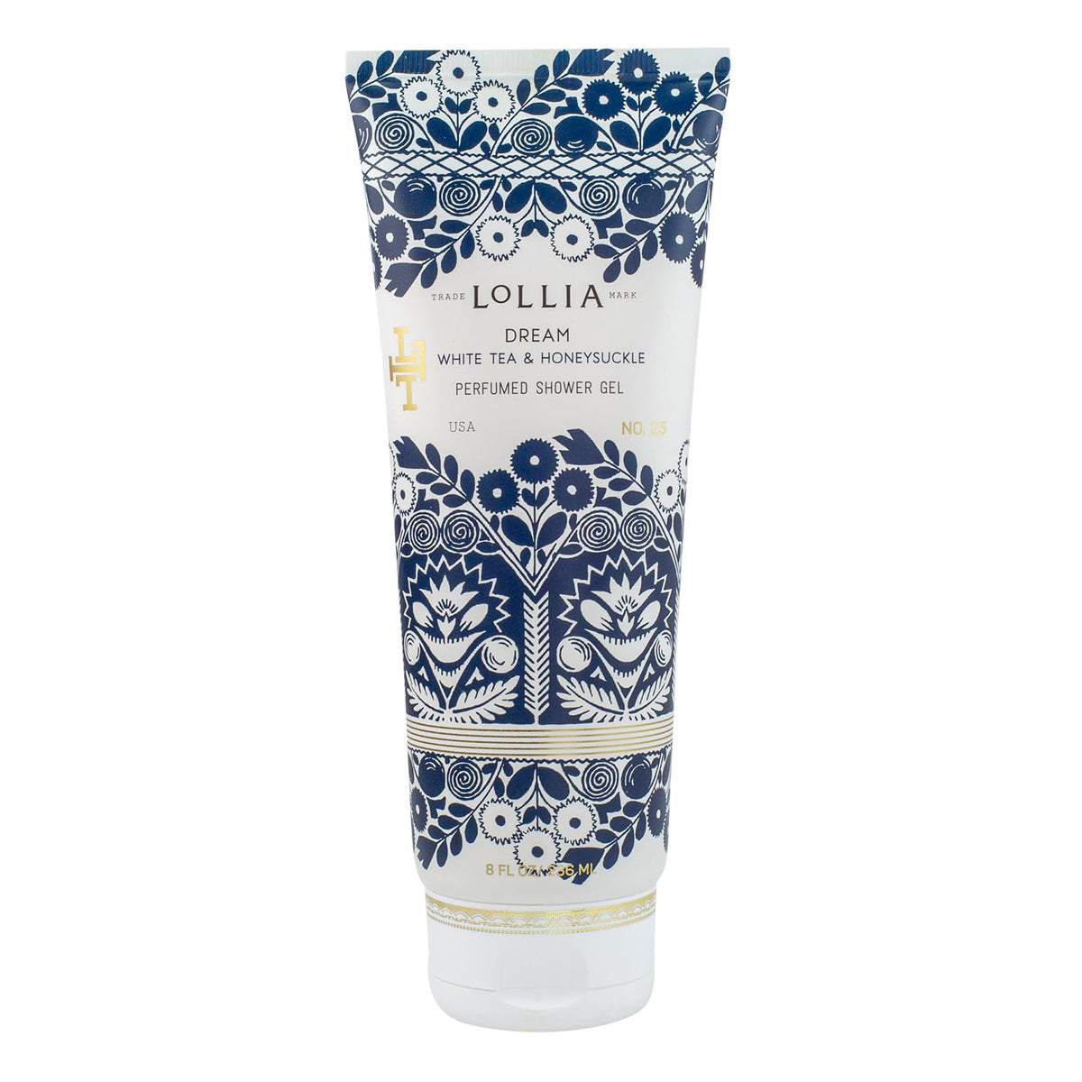 LOLLIA Dream Shower Gel bottle with blue florals for hydrating cleansing.