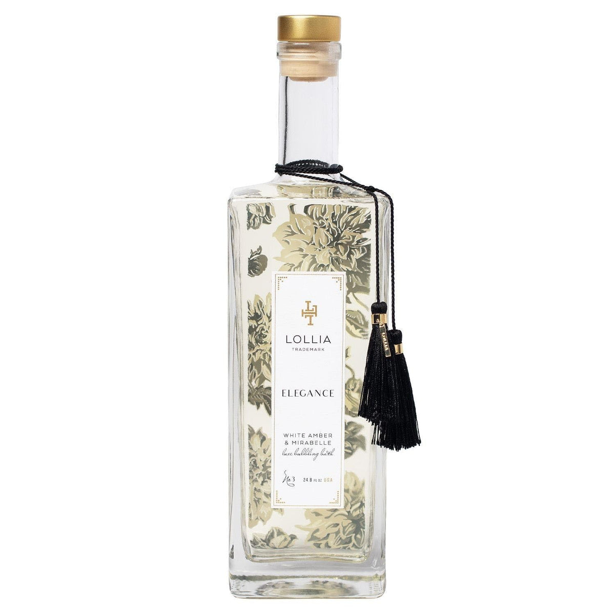 LOLLIA Elegance Bubble Bath bottle in glass with tassels, ideal for a relaxing soak.