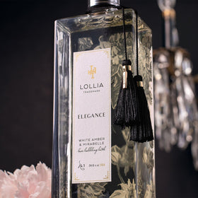 LOLLIA Elegance glass bottle with black-and-white floral packaging, gift-worthy luxury.