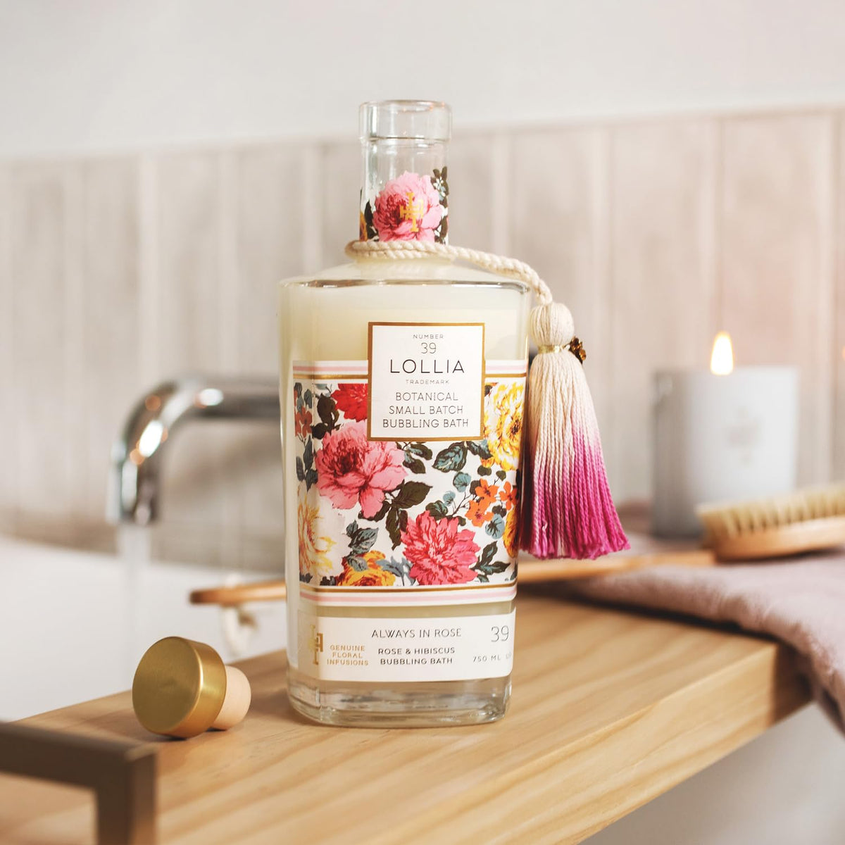 LOLLIA packaging features floral label to elevate your bath time display.