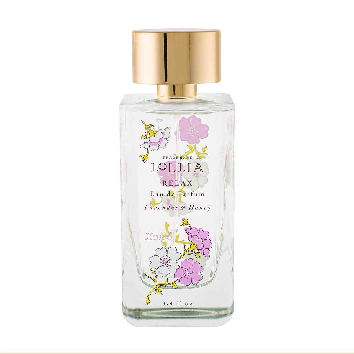 LOLLIA Relax bottle with glass and blossoms adds a calming vanity accent.